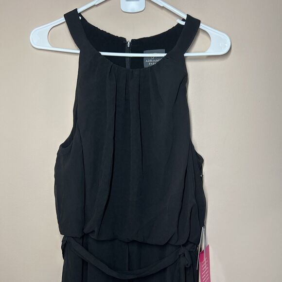 NWT ADRIANNA PAPELL Jersey Chiffon-Overlay Jumpsuit Black Sz 12 $179 On Tag - Picture 1 of 10